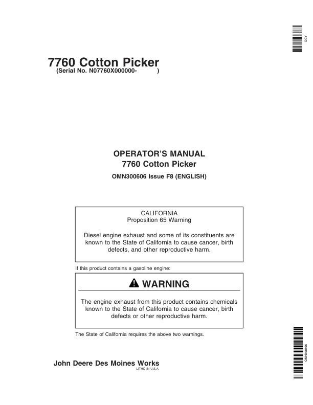 John Deere 7760 Cottom Picker (000000-028000) Operator's Manual (OMN300606)