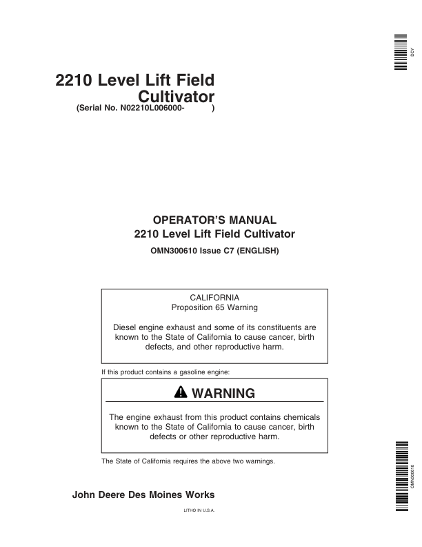 John Deere 2210 Level-Lift Field Cultivator North America (006000-007999) Operator's Manual (OMN300610)