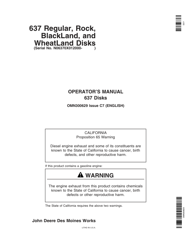 John Deere 637 Regular, Rock, BlackLand, WheatLand Disks (012000-) Operator's Manual (OMN300629)