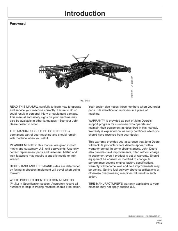 John Deere 637 Regular, Rock, BlackLand, WheatLand Disks (012000-) Operator's Manual (OMN300629) - Image 2