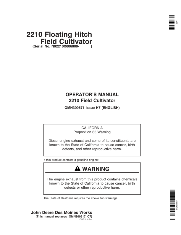 John Deere 2210 Floating Hitch Field Cultivator North America (006000-007999) Operator's Manual (OMN300671)
