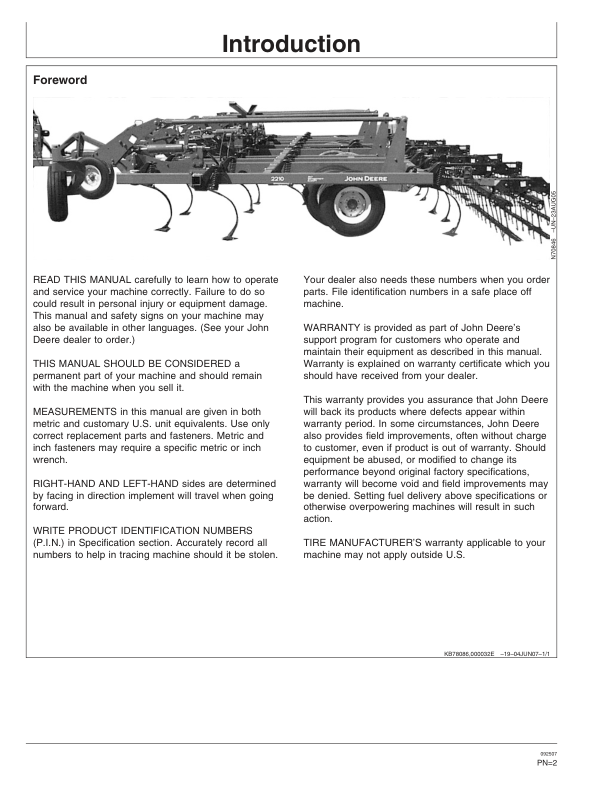 John Deere 2210 Floating Hitch Field Cultivator North America (006000-007999) Operator's Manual (OMN300671) - Image 3