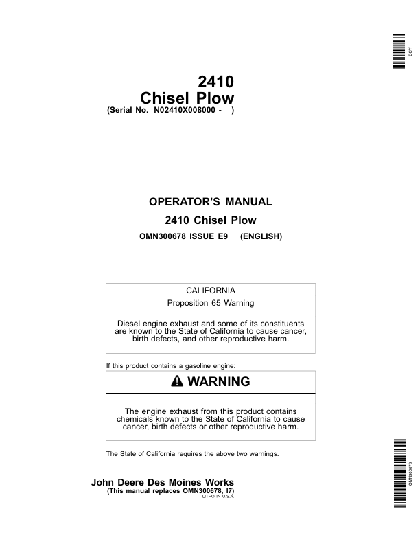 John Deere 2410 Chisel Plow North America (008000-011999) Operator's Manual (OMN300678)
