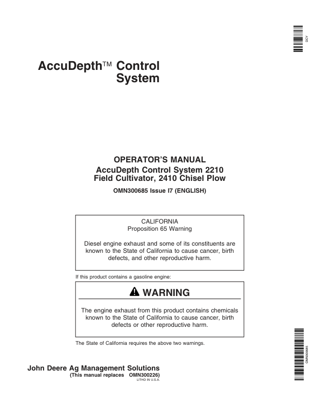 John Deere AccuDepth Control System 2210 Field Cultivator & 2410 Chisel Plow Operator's Manual (OMN300685)