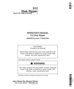 John Deere 512 Disk Ripper (012000- ) Operator's Manual (OMN300722)
