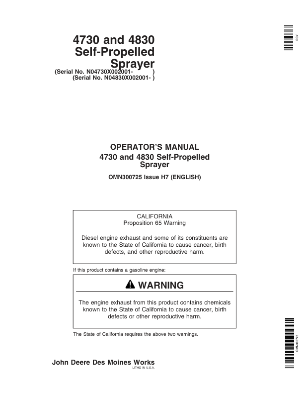 John Deere 4730 & 4830 Self-Propelled Sprayers Export Edition (002001-004000) Operator's Manual (OMN300725)