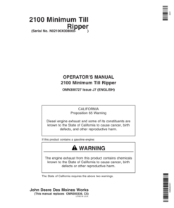 John Deere 2100 Minimum Till Ripper North America (008000-009999) Operator's Manual (OMN300727)