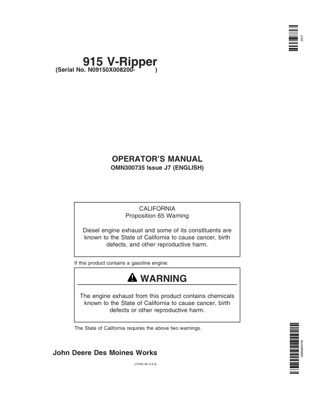 John Deere 915 V-Rippers (Mfg in USA) Operator's Manual (OMN300735)