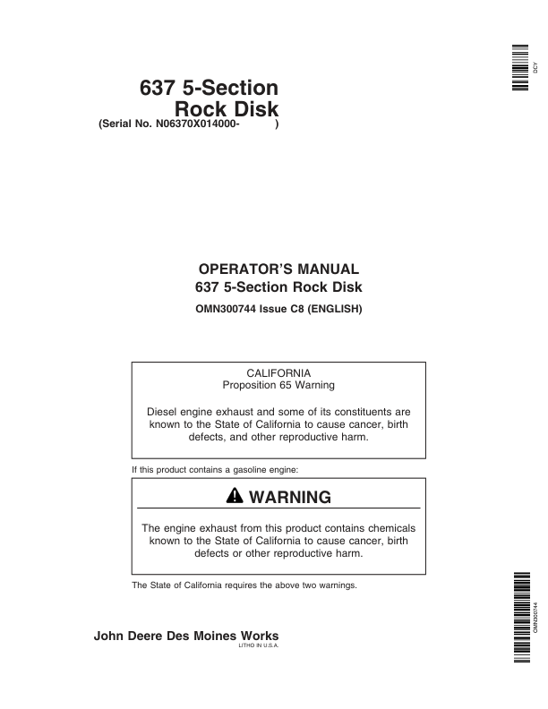 John Deere 637 Regular Rock Disk (5-Section)(014000-) Operator's Manual (OMN300744)