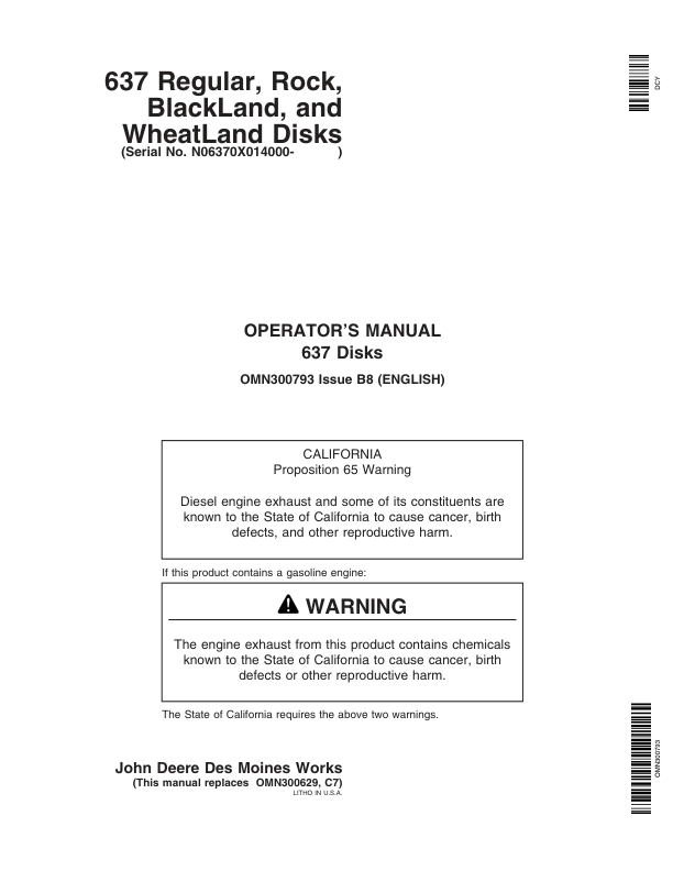 John Deere 637 Regular, Rock, BlackLand, WheatLand Disks (014000-) Operator's Manual (OMN300793)