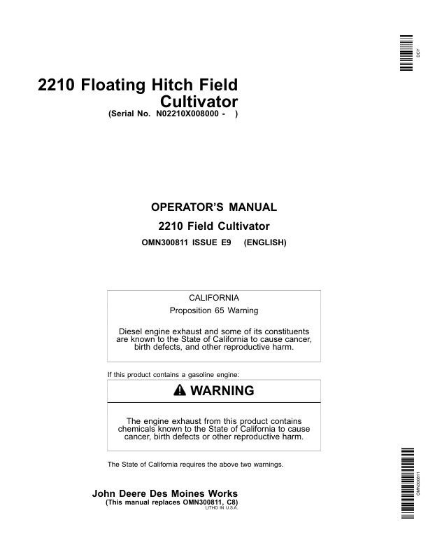 John Deere 2210 Floating Hitch Field Cultivator North America (008000-760100) Operator's Manual (OMN300811)
