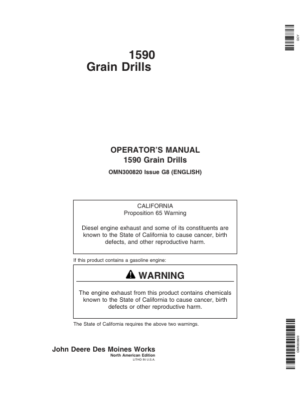 John Deere 1590 Grain Drills Operator's Manual (OMN300820)