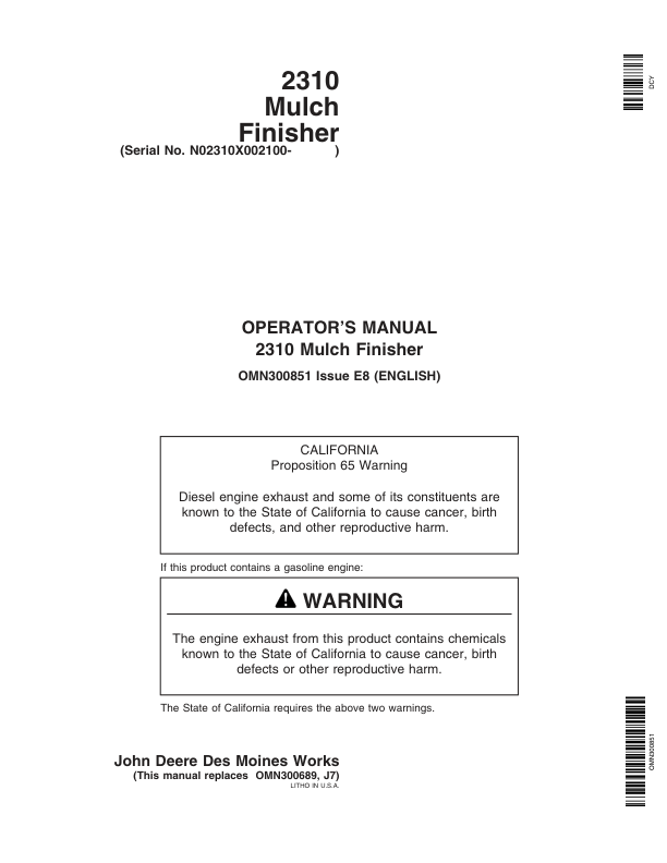 John Deere 2310 Mulch Finisher (002100-) Operator's Manual (OMN300851)