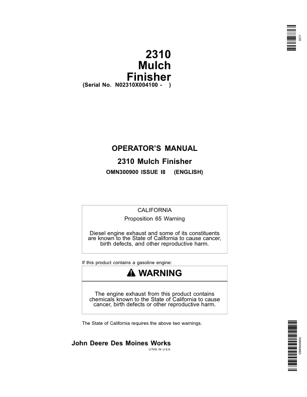 John Deere 2310 Mulch Finisher (004100-) Operator's Manual (OMN300900)