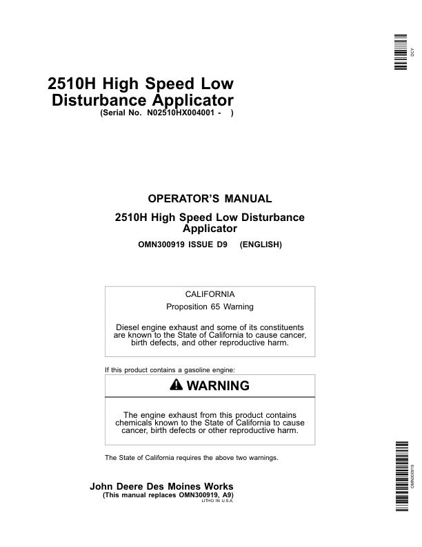 John Deere 2510H High-Speed Applicators (Low-Disturbance) North America (004001-740100) Operator's Manual (OMN300919)