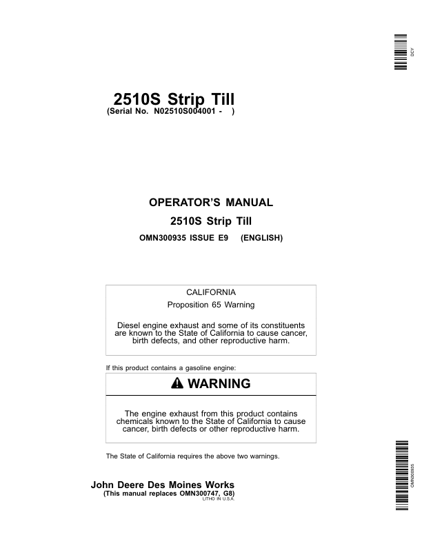 John Deere 2510S Strip Till Applicator Operator's Manual (OMN300935)