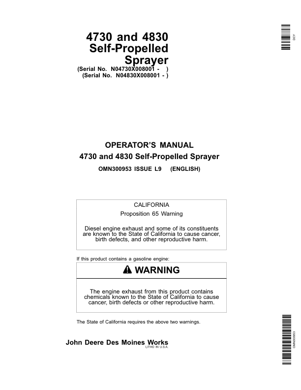 John Deere 4730 & 4830 Self-Propelled Sprayer Export Edition (008001-013000) Operator's Manual (OMN300953)