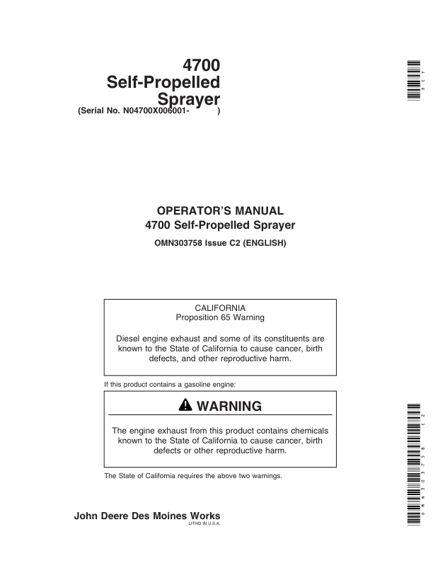 John Deere 4700 Self-Propelled Sprayer Operator's Manual (OMN303758)