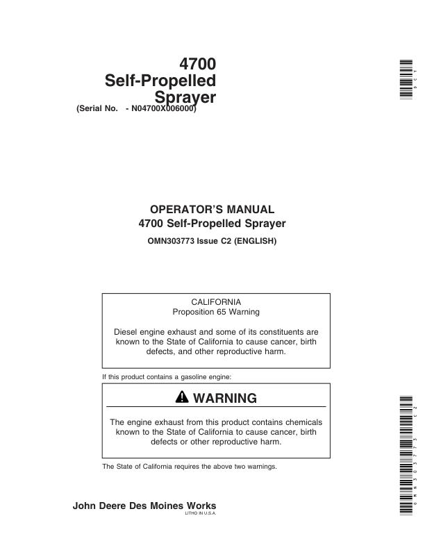 John Deere 4700 Self-Propelled Sprayer Operator's Manual (OMN303773)