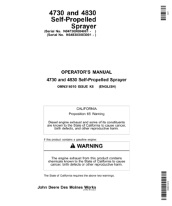 John Deere Self-Propelled Sprayers 4730 (004001-008000) 4830 (003001-008000) (North America Edition) Operator's Manual (OMN316010)
