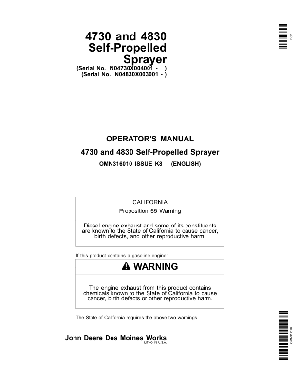 John Deere Self-Propelled Sprayers 4730 (004001-008000) 4830 (003001-008000) (North America Edition) Operator's Manual (OMN316010)