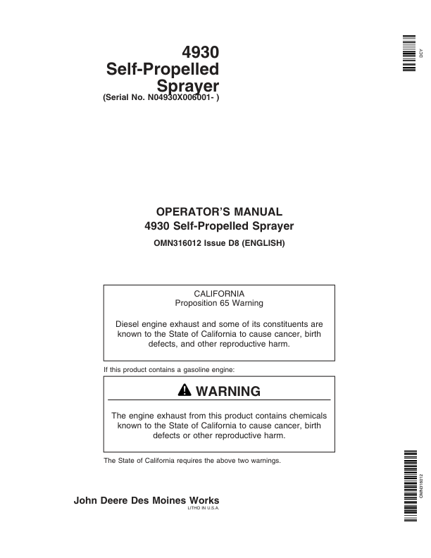 John Deere 4930 Self-Propelled Sprayer (006001-) Operator's Manual (OMN316012)
