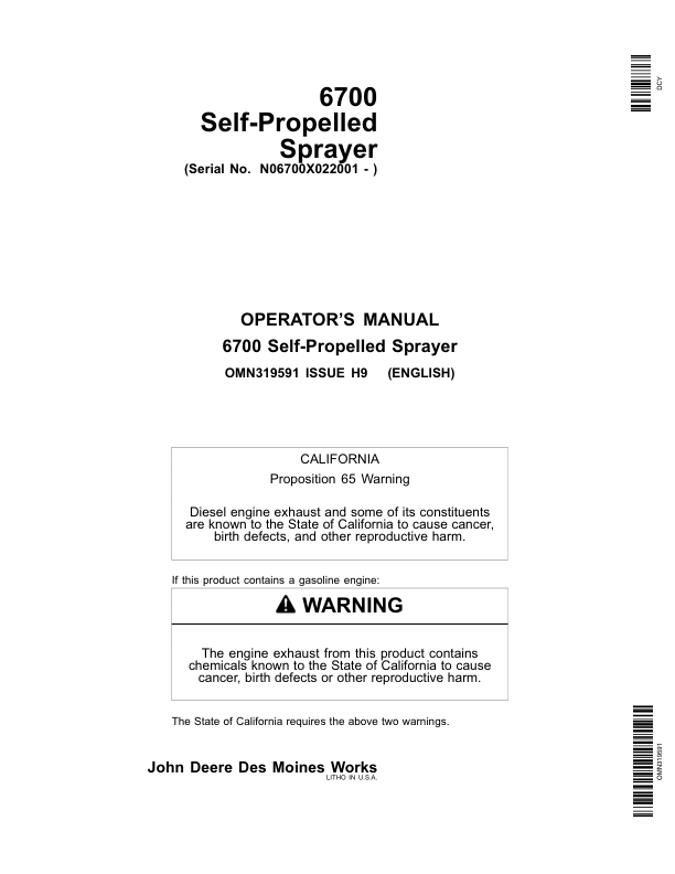 John Deere 6700 Self-Propelled Sprayer (022001-) Operator's Manual (OMN319591)