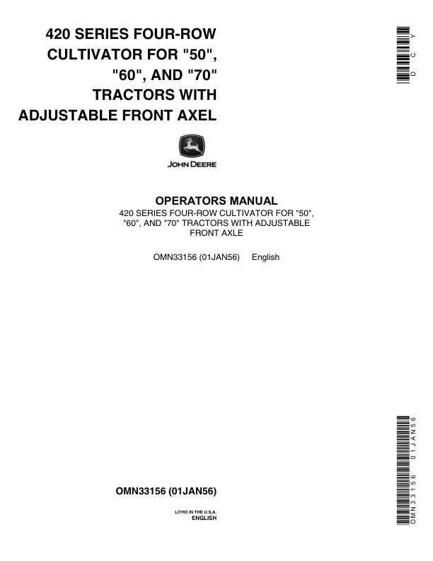 John Deere 420 Series Four-Row Cultivator Operator's Manual (OMN33156)