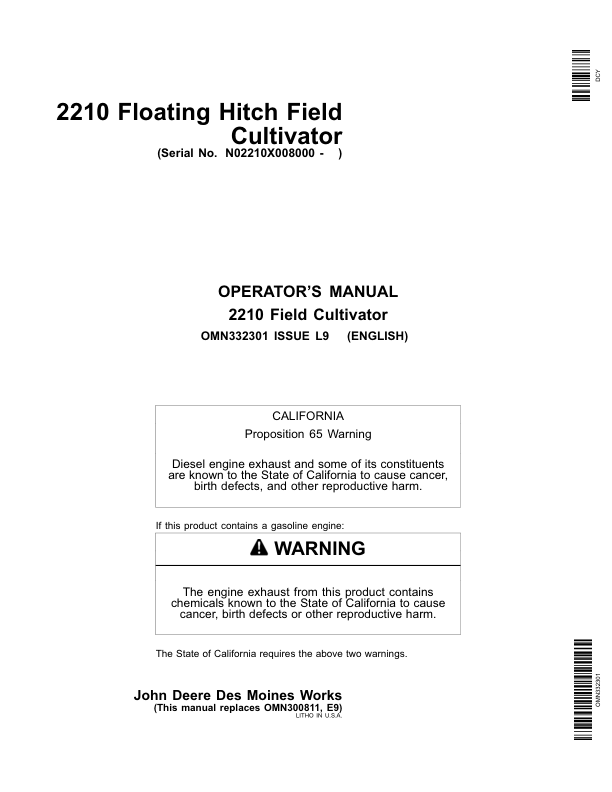 John Deere 2210 Floating Hitch Field Cultivator European Edition (008000- ) Operator's Manual (OMN332301)