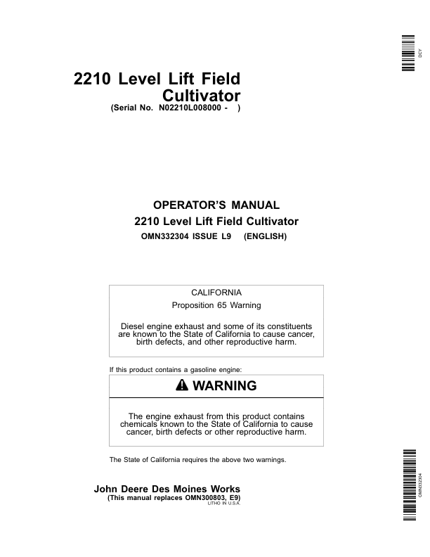 John Deere 2210 Level Lift Field Cultivator Export Edition (008000-039999) Operator's Manual (OMN332304)