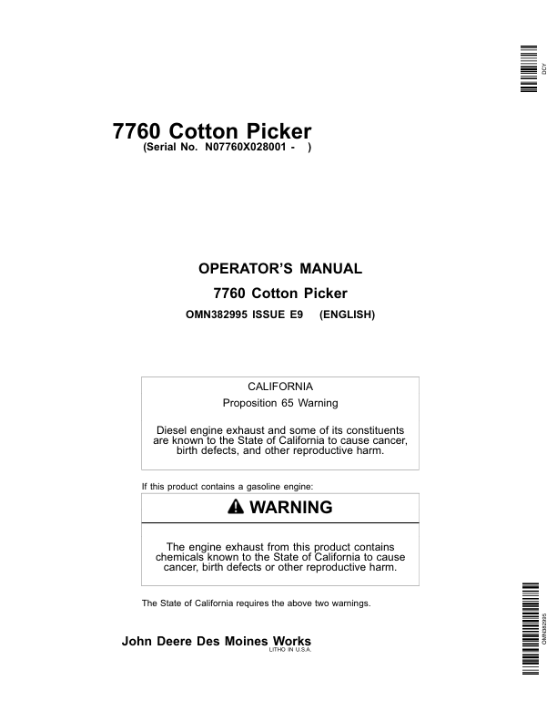 John Deere 7760 Cotton Picker (028001-) Operator's Manual (OMN382995)