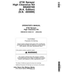 John Deere 4730 Sprayer High Clearance Kit BN400169 (-005999) Operator's Manual (OMN390185)