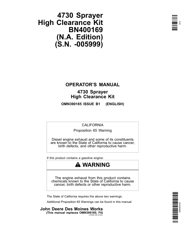 John Deere 4730 Sprayer High Clearance Kit BN400169 (-005999) Operator's Manual (OMN390185)