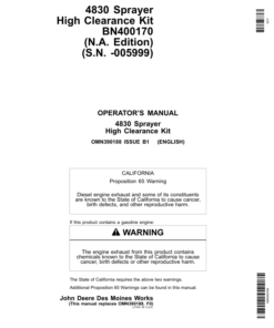 John Deere 4830 Sprayer High Clearance Kit BN400170 (-005999) Operator's Manual (OMN390188)