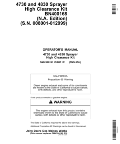 John Deere 4730, 4830 Sprayer High Clearance Kit BN400168 (008001-012999) Operator's Manual (OMN390191)