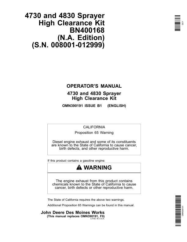John Deere 4730, 4830 Sprayer High Clearance Kit BN400168 (008001-012999) Operator's Manual (OMN390191)