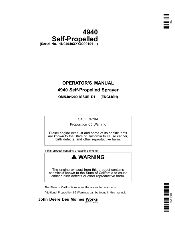 John Deere 4940 Self-Propelled Sprayer (000101-) Operator's Manual (OMN401209)