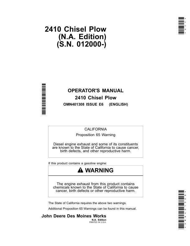 John Deere 2410 Chisel Plows (North American) Operator's Manual (OMN401308)