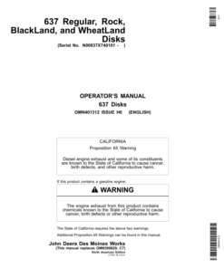 John Deere 637 Regular, Rock, BlackLand, Wheatland Disks (740101-) Operator's Manual (OMN401312)