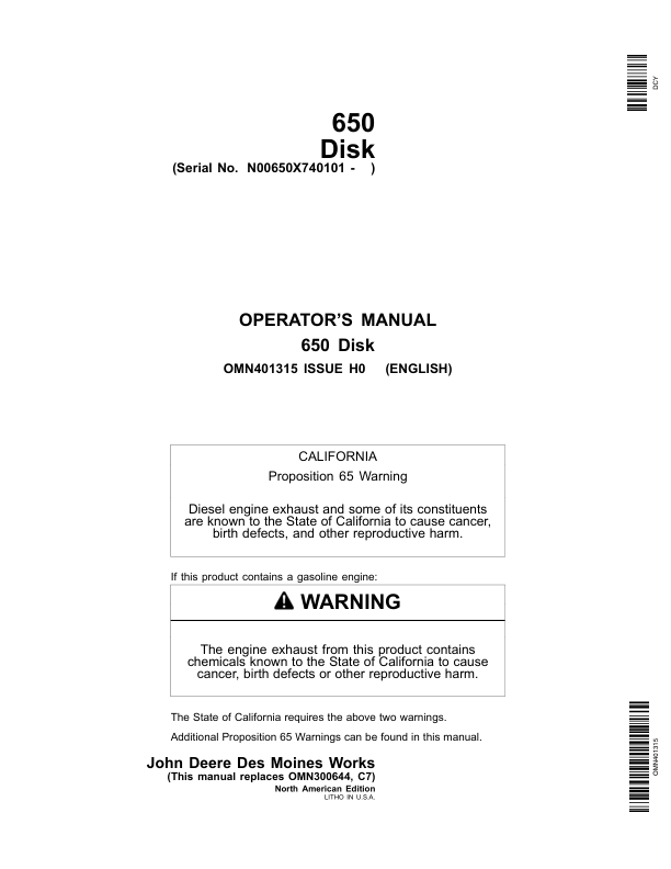 John Deere 650 Tandem Flex-Fold Disk (740101-) Operator's Manual (OMN401315)