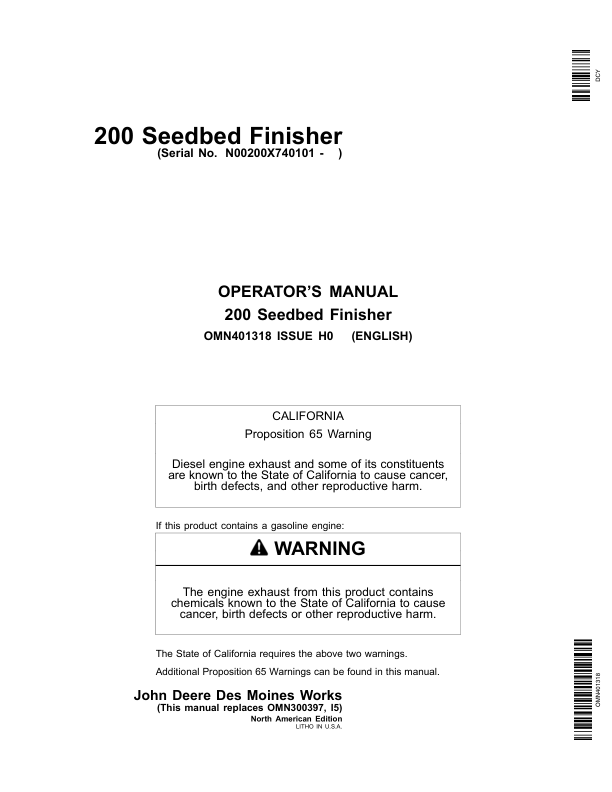 John Deere 200 Seedbed Finisher Operator's Manual (OMN401318)