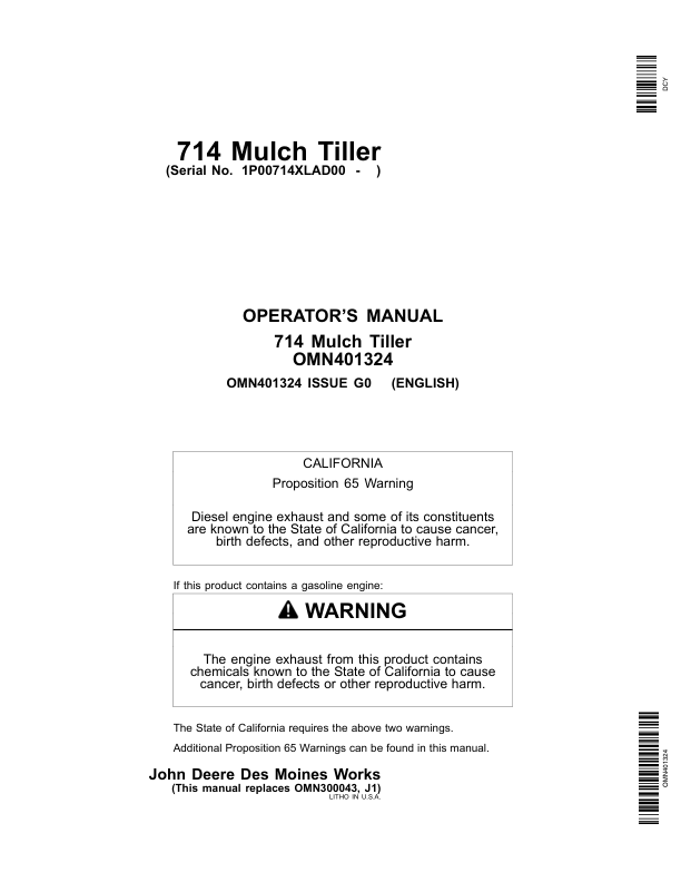 John Deere 714 Mulch Tillers Operator's Manual (OMN401324)