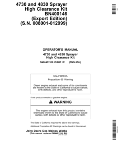 John Deere 4730, 4830 Sprayer High Clearance Kit BN400146 (008001-012999) Operator's Manual (OMN401338)