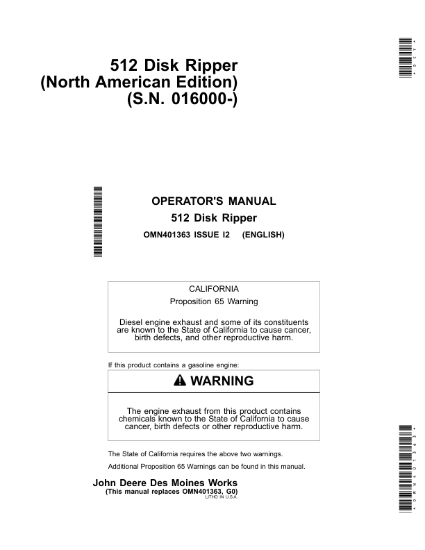 John Deere 512 Disk Ripper (016000-) Operator's Manual (OMN401363)