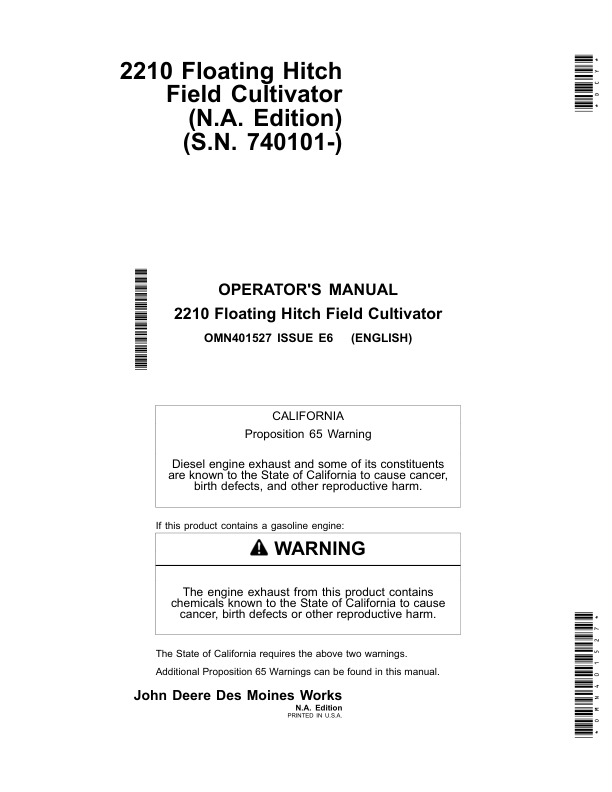John Deere 2210 Floating-Hitch Field Cultivators (North American) Operator's Manual (OMN401527)