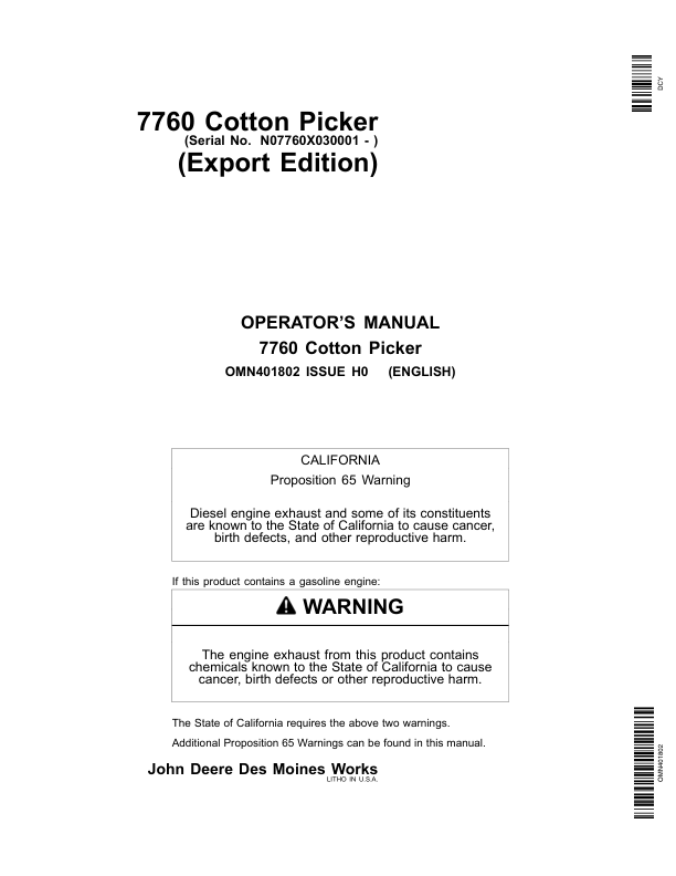 John Deere 7760 Cotton Picker (030001-) Operator's Manual (OMN401802)