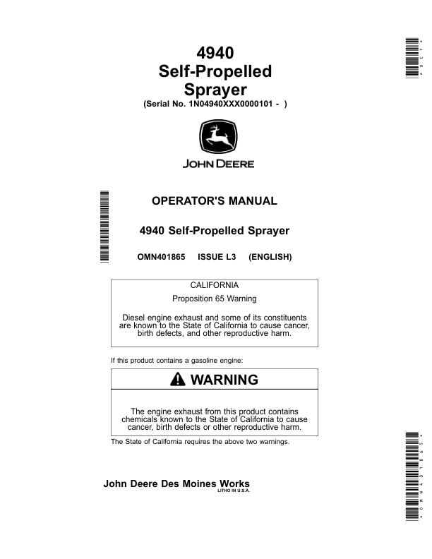 John Deere 4940 Self-Propelled Sprayer (000101-) Operator's Manual (OMN401865)