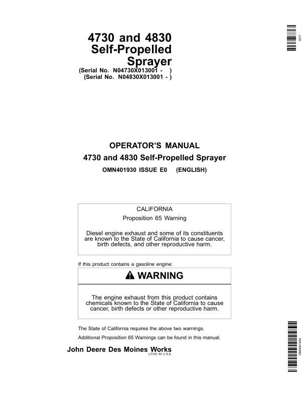 John Deere 4730 (013001-018000) & 4830 (013001-023000) Self-Propelled Sprayer (Export Edition) Operator's Manual (OMN401930)