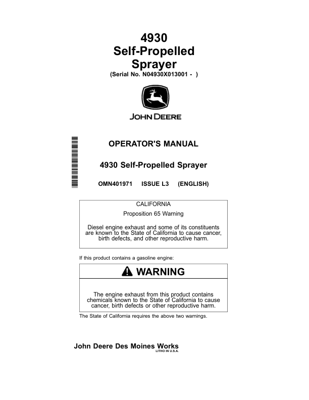 John Deere 4930 Self-Propelled Sprayer (013001-) Operator's Manual (OMN401971)