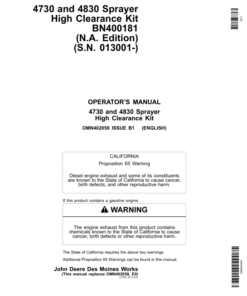 John Deere 4730, 4830 Sprayer High Clearance Kit BN400181 (013001-) Operator's Manual (OMN402058)